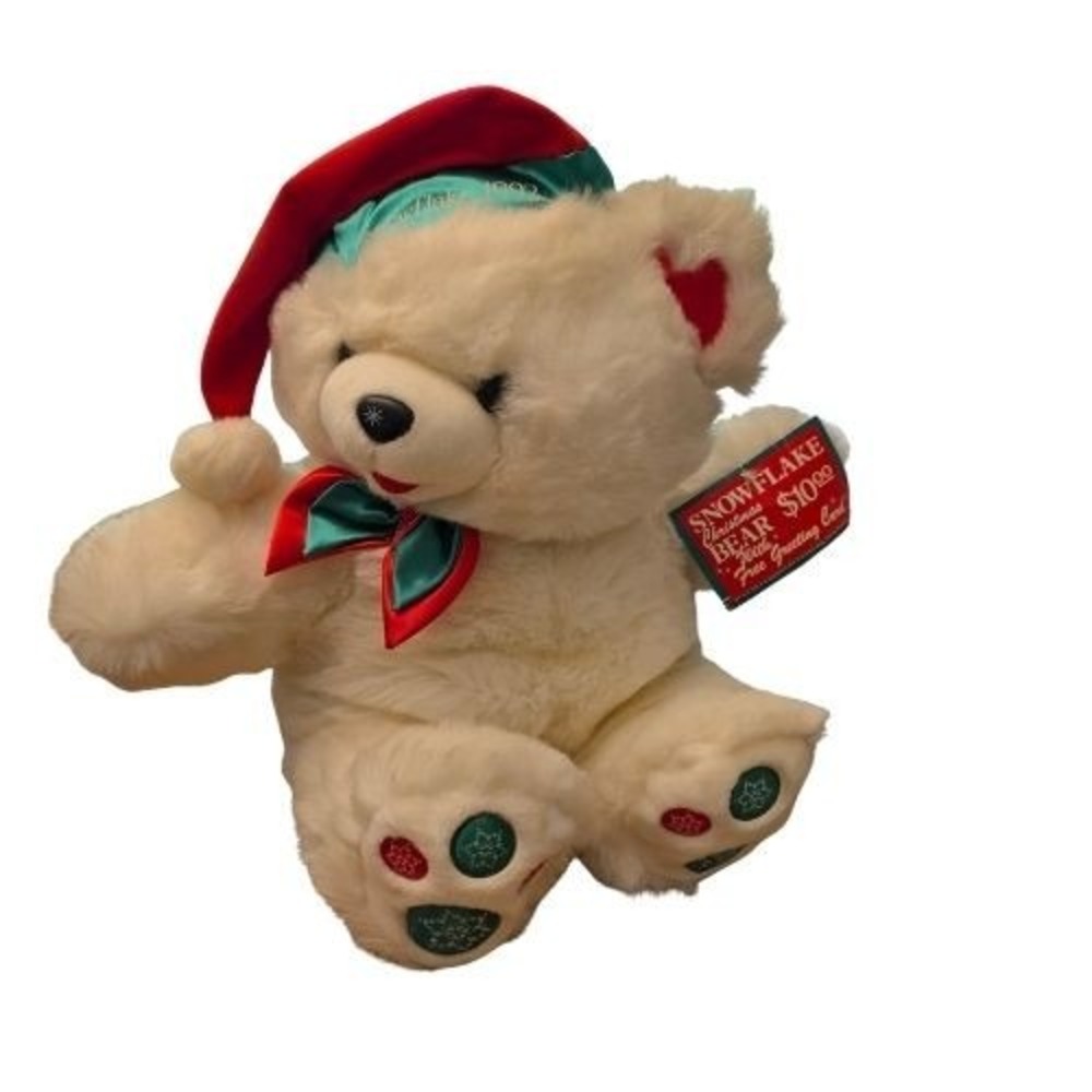 Vintage 1992 Kmart Snowflake Christmas Bear White Plush Teddy‎ Red Green Gift